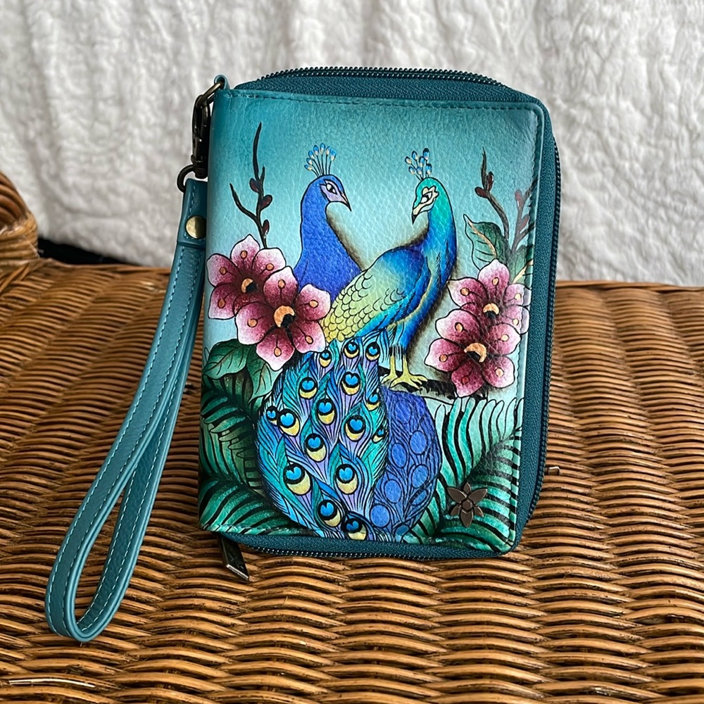 Ann Schka, Wristlet, Hand Painted Leather wallet, Hand Signed by Artist.
